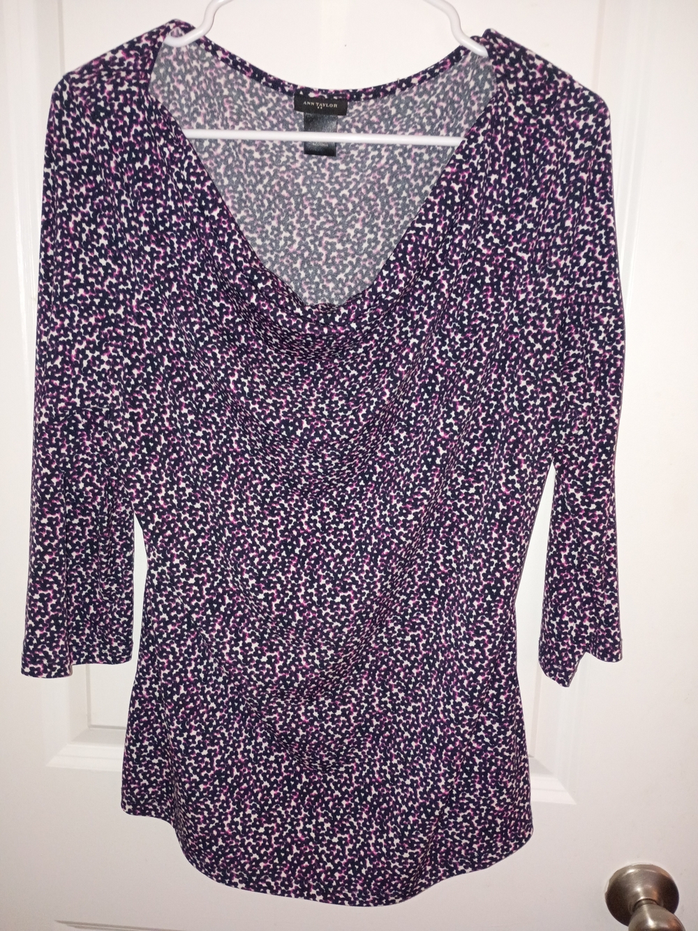 Ann Taylor Cowl Neck 3/4 Sleeve Top in White, Pink And Black Flowers